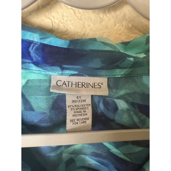 Catherines 4X 30W 32W Blue Print Striped Asymmetrical Hem Button Roll Tab Blouse - Picture 4 of 6